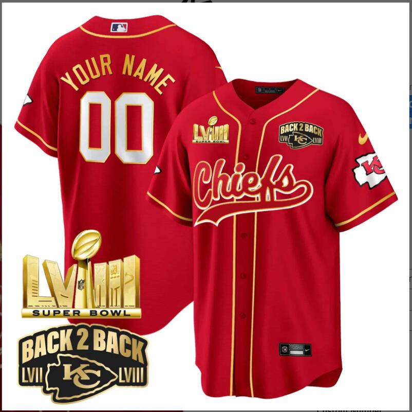 Men 2024 Nike NFL Kansas City Chiefs Super Bowl LVIII & Back 2 Back Gold Patch Baseball Custom Jersey